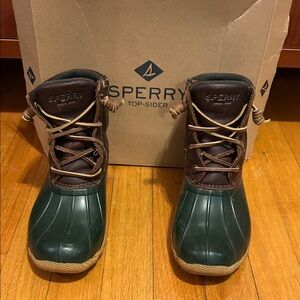 Sperry Forest Green and Chocolate Duck Boots